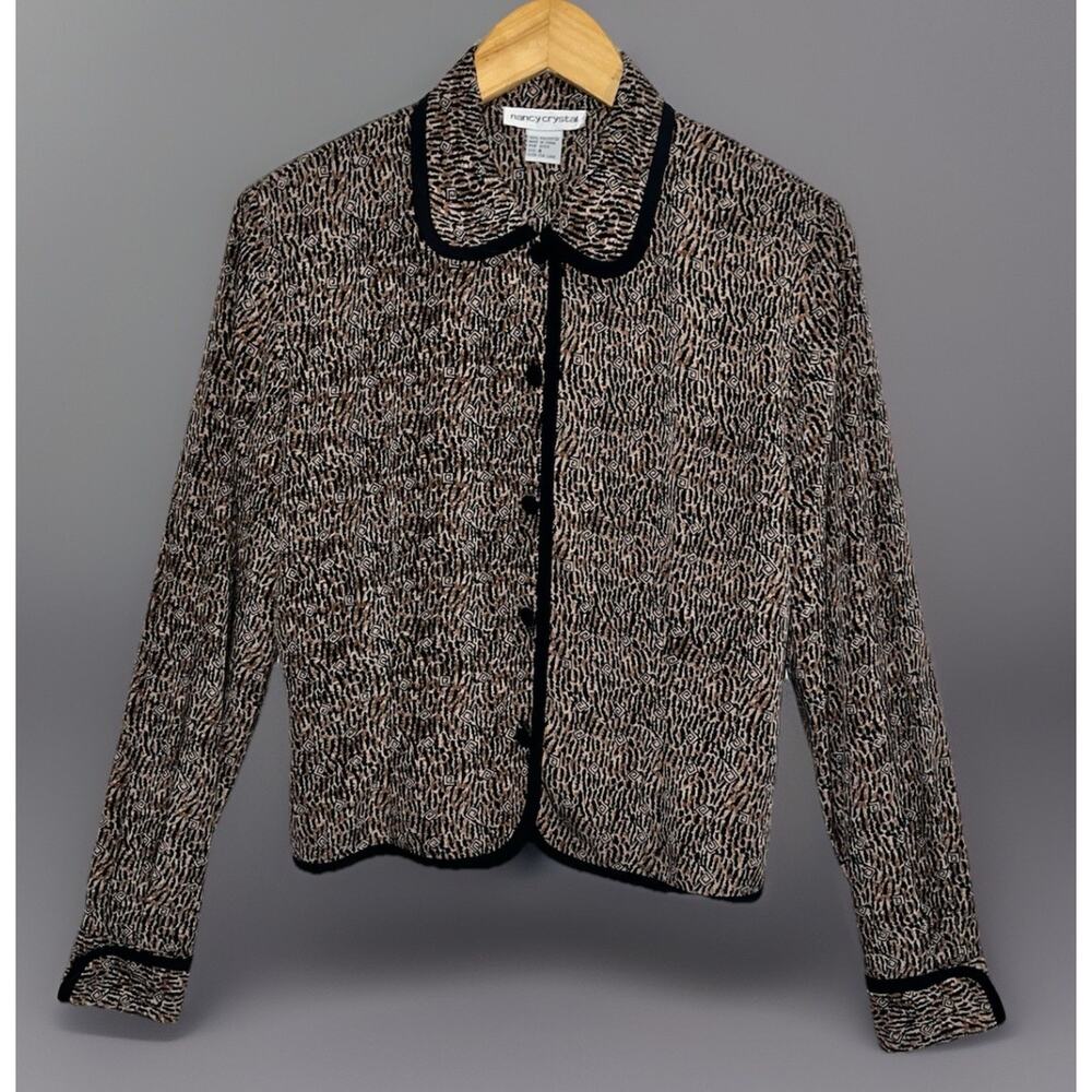 Nancy Crystal Leopard Animal Print Cuffed Blouse Silky Polyester Glam Vtg - Sz 8